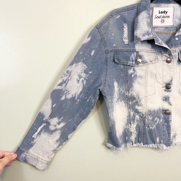 Lady Soulshine Bleach Splattered Good Vibes Only Rainbow Denim Jacket Small NWT - Picture 5 of 11